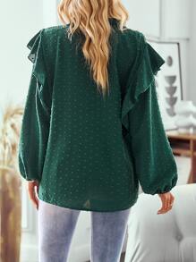 SHEIN Clasi Swiss Dot Ruffle Trim Lantern Sleeve Notched Neck Blouse - Green - View 2