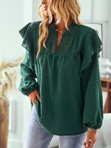SHEIN Clasi Swiss Dot Ruffle Trim Lantern Sleeve Notched Neck Blouse - Green - View 5