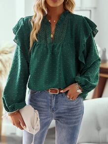 SHEIN Clasi Swiss Dot Ruffle Trim Lantern Sleeve Notched Neck Blouse - Green - View 6