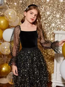 SHEIN Tween女生對比星星網紗荷葉袖方領絲絨上衣 - 黑色 - 查看 1