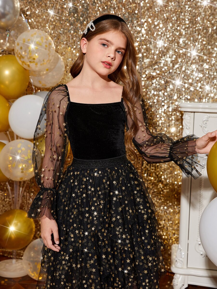 SHEIN Tween女生對比星星網紗荷葉袖方領絲絨上衣 - 黑色 - 查看 1