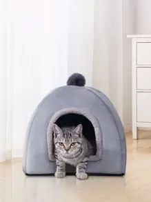 1 pieza Cama para mascotas con diseño de pompón ribete lanudo