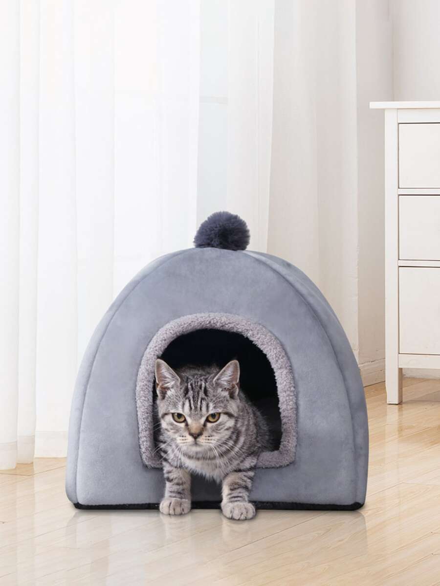 1 pieza Cama para mascotas con diseño de pompón ribete lanudo