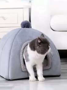 1 pieza Cama para mascotas con diseño de pompón ribete lanudo