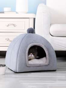 1 pieza Cama para mascotas con diseño de pompón ribete lanudo