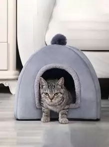 1 pieza Cama para mascotas con diseño de pompón ribete lanudo