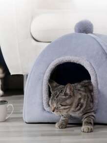 1 pieza Cama para mascotas con diseño de pompón ribete lanudo