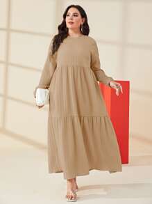 Mulvari Plus Solid Ruffle Hem Smock Dress - Khaki - View 3