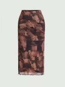 SHEIN MOD Figure Graphic Elastic Waist Lettuce Trim Skirt - Multicolor - View 2