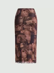 SHEIN MOD Figure Graphic Elastic Waist Lettuce Trim Skirt - Multicolor - View 5
