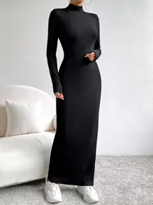 SHEIN Essnce Mock Neck Split Thigh Dress - Black - View 3