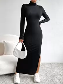 SHEIN Essnce Mock Neck Split Thigh Dress - Black - View 4