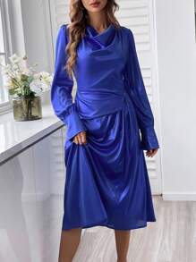 SHEIN Unity Draped Collar Ruched Side Dress - Blue - View 4