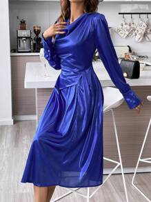 SHEIN Unity Draped Collar Ruched Side Dress - Blue - View 6