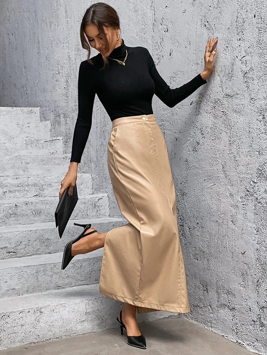 Button Front PU Leather Skirt - Khaki - View 1
