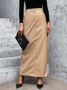 Button Front PU Leather Skirt - Khaki - View 3