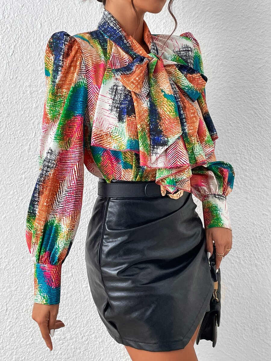 SHEIN Privé Allover Print Tie Neck Lantern Sleeve Blouse - Multicolor - View 1