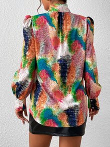 SHEIN Privé Allover Print Tie Neck Lantern Sleeve Blouse - Multicolor - View 2