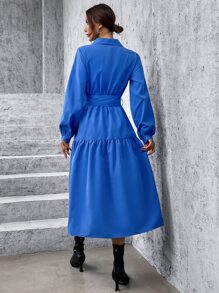 素色腰帶荷葉邊襯衫連衣裙 - 藍色 - 查看 2