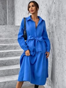 素色腰帶荷葉邊襯衫連衣裙 - 藍色 - 查看 3