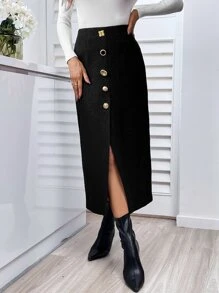 SHEIN LUNE Falda de talle alto con botón delantero de muslo con abertura - Negro - Ver 4