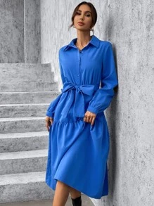 素色腰帶荷葉邊襯衫連衣裙 - 藍色 - 查看 5