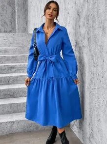 素色腰帶荷葉邊襯衫連衣裙 - 藍色 - 查看 6