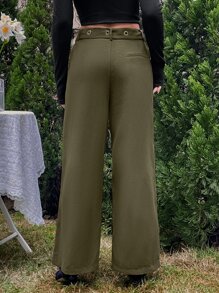 Pantalones de pierna ancha con bolsillo oblicuo con cinturón - Verde militar - Ver 2