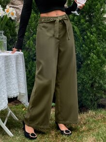 Pantalones de pierna ancha con bolsillo oblicuo con cinturón - Verde militar - Ver 3