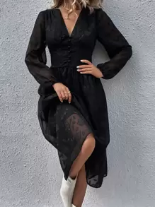 GENKIRA Jacquard Lantern Sleeve Button Front Dress - Black - View 1