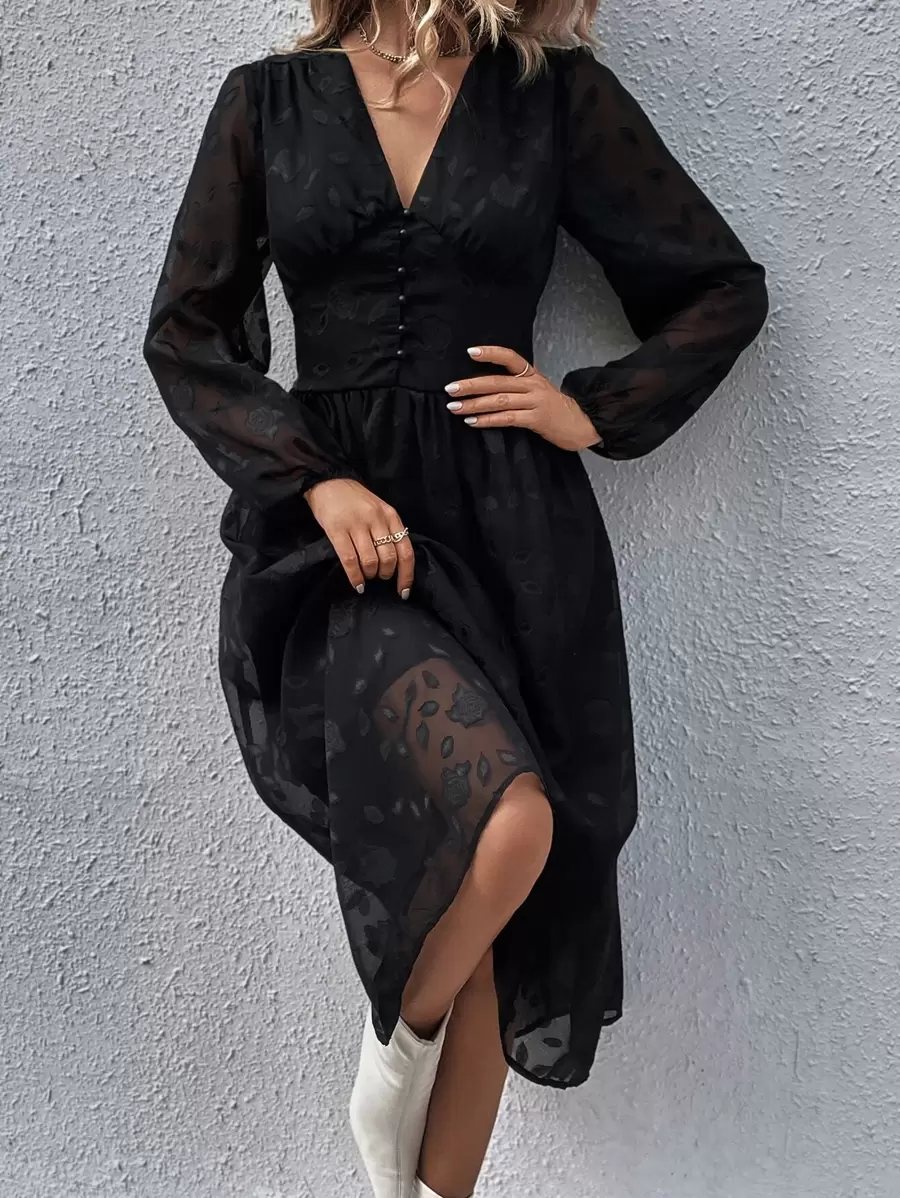 GENKIRA Jacquard Lantern Sleeve Button Front Dress - Black - View 1