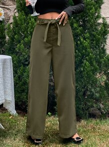 Pantalones de pierna ancha con bolsillo oblicuo con cinturón - Verde militar - Ver 4