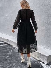 GENKIRA Jacquard Lantern Sleeve Button Front Dress - Black - View 2