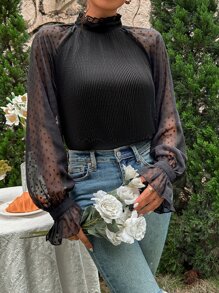 SHEIN LUNE Swiss Dot Mesh Flounce Sleeve Frilled Neck Blouse - Black - View 2