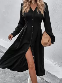 SHEIN LUNE Solid Button Through Shirt Dress - Black - View 1