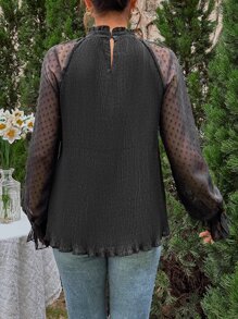 SHEIN LUNE Swiss Dot Mesh Flounce Sleeve Frilled Neck Blouse - Black - View 3
