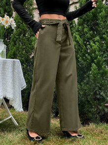 Pantalones de pierna ancha con bolsillo oblicuo con cinturón - Verde militar - Ver 5