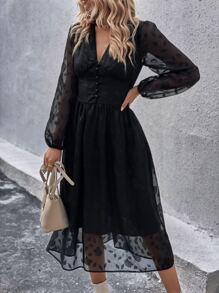 GENKIRA Jacquard Lantern Sleeve Button Front Dress - Black - View 4