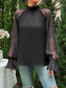 SHEIN LUNE Swiss Dot Mesh Flounce Sleeve Frilled Neck Blouse - Black - View 4