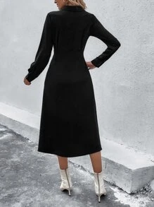 SHEIN LUNE Solid Button Through Shirt Dress - Black - View 2