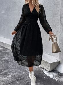 GENKIRA Jacquard Lantern Sleeve Button Front Dress - Black - View 5