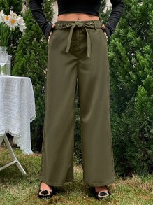 Pantalones de pierna ancha con bolsillo oblicuo con cinturón - Verde militar - Ver 6