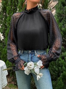 SHEIN LUNE Swiss Dot Mesh Flounce Sleeve Frilled Neck Blouse - Black - View 5