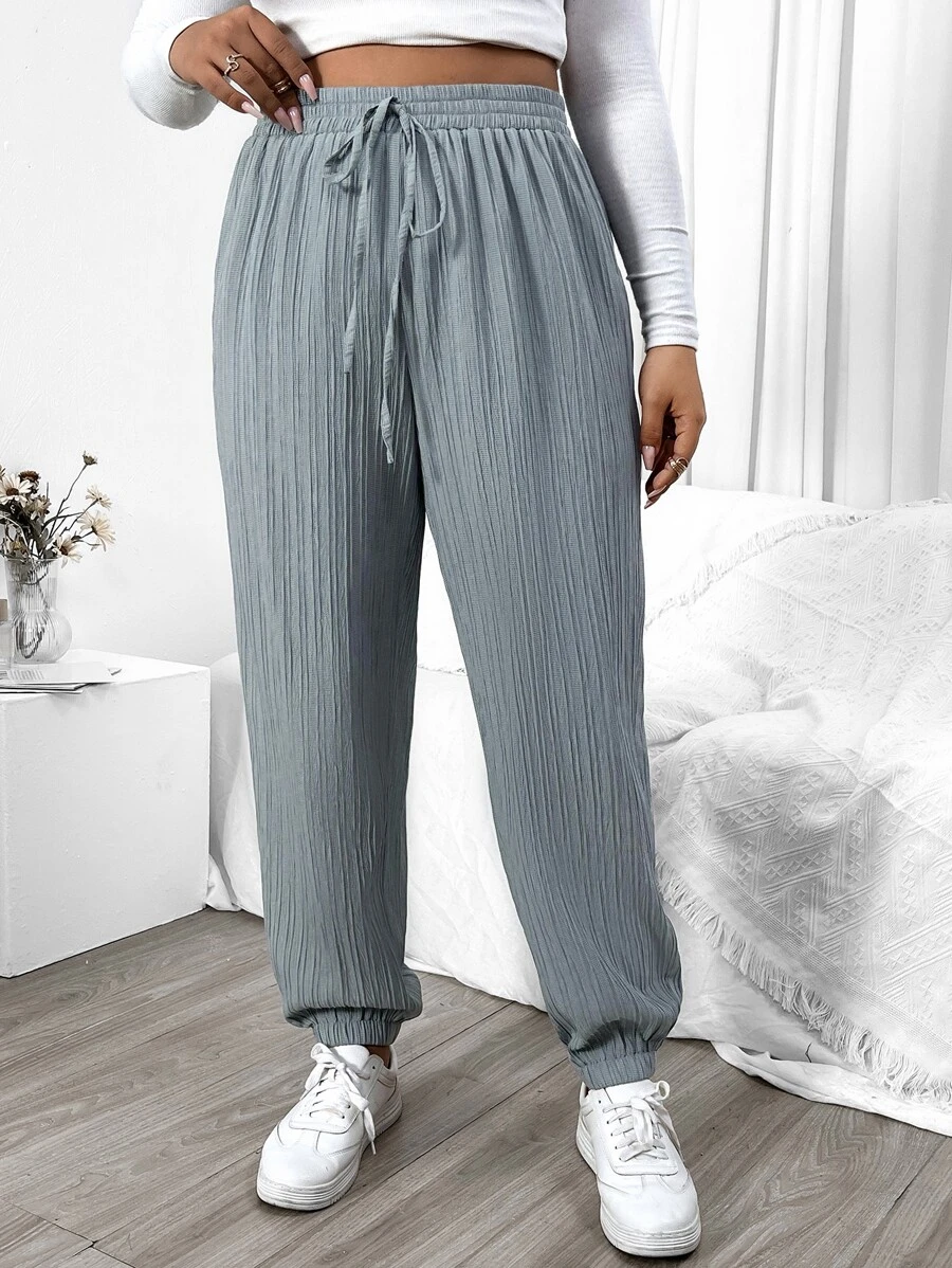 Flirla Plus Drawstring Waist Ribbed Knit Trousers - Grey - View 1