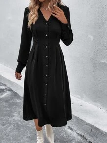 SHEIN LUNE Solid Button Through Shirt Dress - Black - View 5