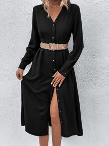 SHEIN LUNE Solid Button Through Shirt Dress - Black - View 6