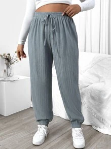 Flirla Plus Drawstring Waist Ribbed Knit Trousers - Grey - View 2