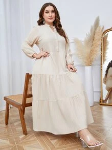 Mulvari Đầm Plus Size Nút phía trước Viên lá sen màu trơn Giải trí - Màu be - Xem 1