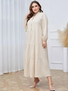 Mulvari Đầm Plus Size Nút phía trước Viên lá sen màu trơn Giải trí - Màu be - Xem 3