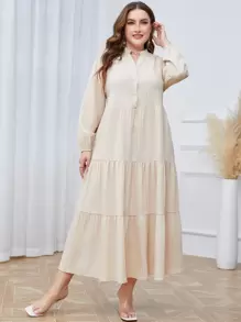 Mulvari Đầm Plus Size Nút phía trước Viên lá sen màu trơn Giải trí - Màu be - Xem 4
